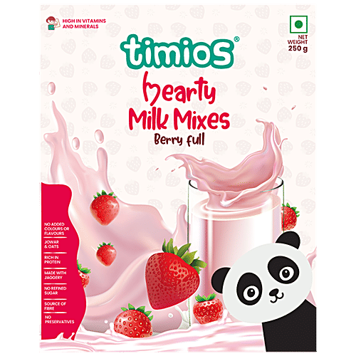 Timios High Protein Berry Full Hearty Milk Mix - No Sugar, With Oats, Organic Jowar, Strawberry Powder, 250 g Box 