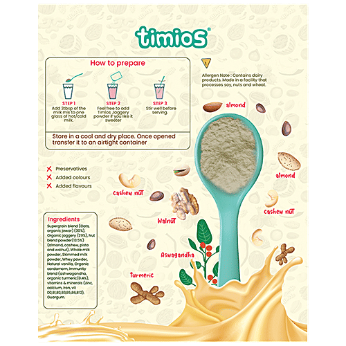 Timios High Protein Nuts & Turmeric Hearty Milk Mix - No Sugar, With Oats, Organic Jowar, Nut Blend Powder, 250 g Box