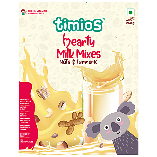 Timios High Protein Nuts & Turmeric Hearty Milk Mix - No Sugar, With Oats, Organic Jowar, Nut Blend Powder, 250 g Box