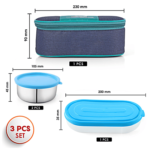 Dream Home Stainless Steel Lunch Box - Plastic Lid & Spoon, Blue, With Bag, 350 ml (Set of 3) 