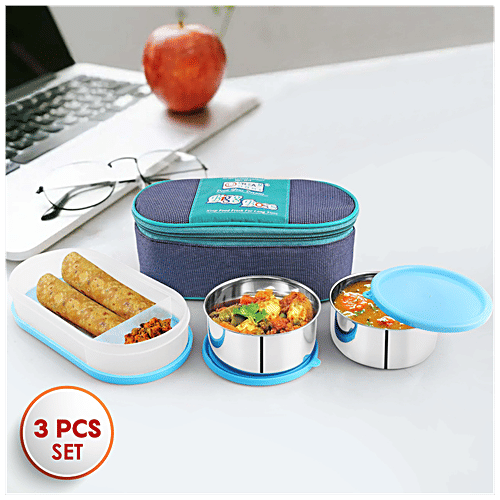 Dream Home Stainless Steel Lunch Box - Plastic Lid & Spoon, Blue, With Bag, 350 ml (Set of 3) 