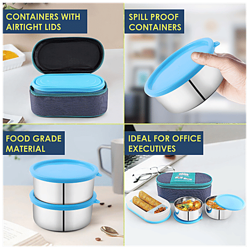 Dream Home Stainless Steel Lunch Box - Plastic Lid & Spoon, Blue, With Bag, 350 ml (Set of 3) 