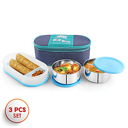 Dream Home Stainless Steel Lunch Box - Plastic Lid & Spoon, Blue, With Bag, 350 ml (Set of 3) 