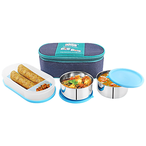 Dream Home Stainless Steel Lunch Box - Plastic Lid & Spoon, Blue, With Bag, 350 ml (Set of 3) 