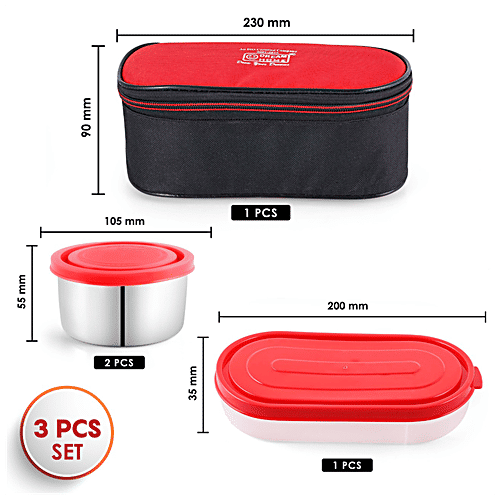 Dream Home Stainless Steel Lunch Box - Plastic Lid & Spoon, Printed, Red, With Bag, 350 ml (Set of 3) 