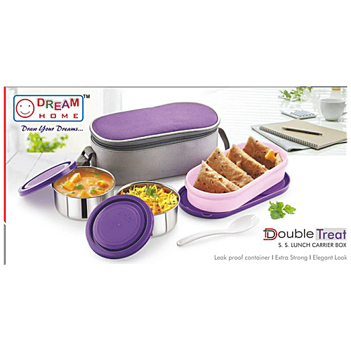 Dream Home Stainless Steel Lunch Box - Plastic Lid & Spoon, Printed, Red, With Bag, 350 ml (Set of 3) 