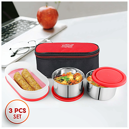 Dream Home Stainless Steel Lunch Box - Plastic Lid & Spoon, Printed, Red, With Bag, 350 ml (Set of 3) 