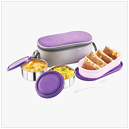 Dream Home Stainless Steel Lunch Box - Plastic Lid & Spoon, Printed, Red, With Bag, 350 ml (Set of 3) 