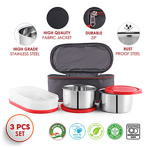 Dream Home Stainless Steel Lunch Box - Plastic Lid & Spoon, Printed, Red, With Bag, 350 ml (Set of 3) 