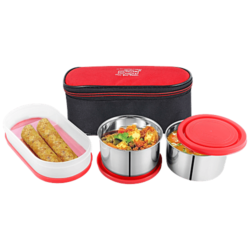 Dream Home Stainless Steel Lunch Box - Plastic Lid & Spoon, Printed, Red, With Bag, 350 ml (Set of 3) 