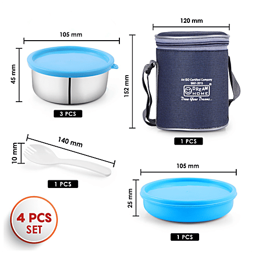 Dream Home Stainless Steel Lunch Box - Round, Plastic Lid & Spoon, Blue, With Bag, 350 ml (Set of 3) 
