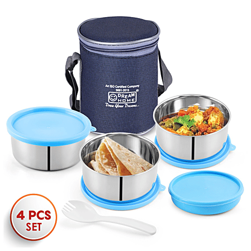 Dream Home Stainless Steel Lunch Box - Round, Plastic Lid & Spoon, Blue, With Bag, 350 ml (Set of 3) 