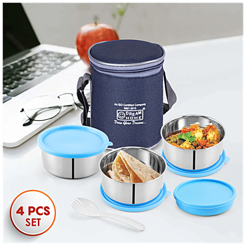 Dream Home Stainless Steel Lunch Box - Round, Plastic Lid & Spoon, Blue, With Bag, 350 ml (Set of 3) 