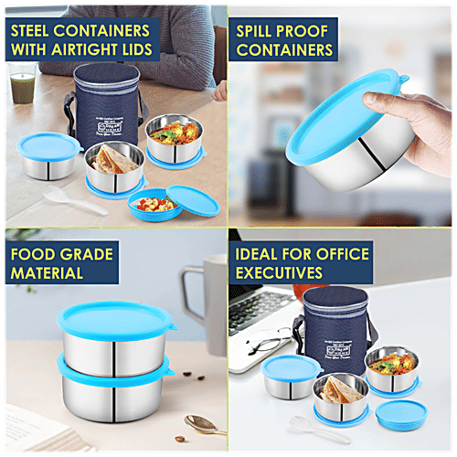 Dream Home Stainless Steel Lunch Box - Round, Plastic Lid & Spoon, Blue, With Bag, 350 ml (Set of 3) 