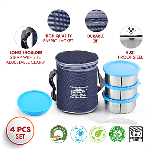 Dream Home Stainless Steel Lunch Box - Round, Plastic Lid & Spoon, Blue, With Bag, 350 ml (Set of 3) 