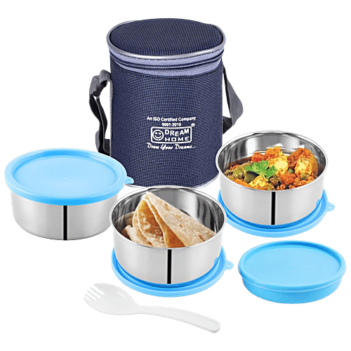Dream Home Stainless Steel Lunch Box - Round, Plastic Lid & Spoon, Blue, With Bag, 350 ml (Set of 3) 