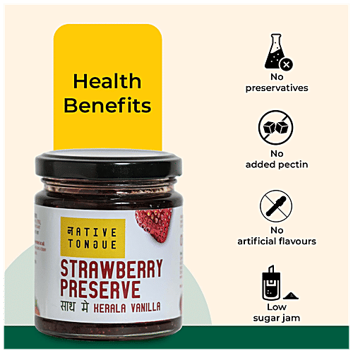 Native Tongue Strawberry Preserve With Kerala Vanilla - Vegan, 70% Fruit, Low Sugar & No Preservatives, 200 g  Vegan
 70% Fruit
 Low Sugar