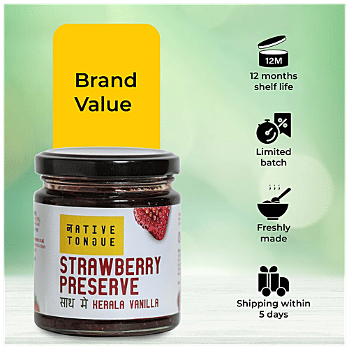 Native Tongue Strawberry Preserve With Kerala Vanilla - Vegan, 70% Fruit, Low Sugar & No Preservatives, 200 g  Vegan
 70% Fruit
 Low Sugar