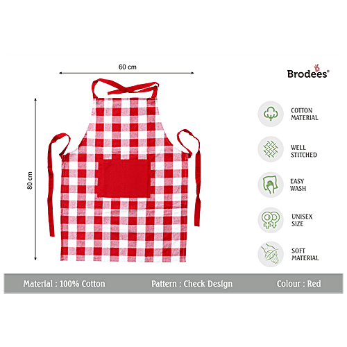 Brodees Cotton Kitchen Apron - With Front Center Pocket, Red, Checked, 60 x 80 Cm, 1 pc