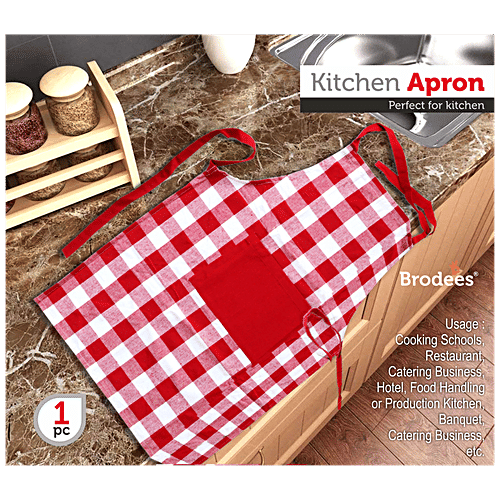 Brodees Cotton Kitchen Apron - With Front Center Pocket, Red, Checked, 60 x 80 Cm, 1 pc
