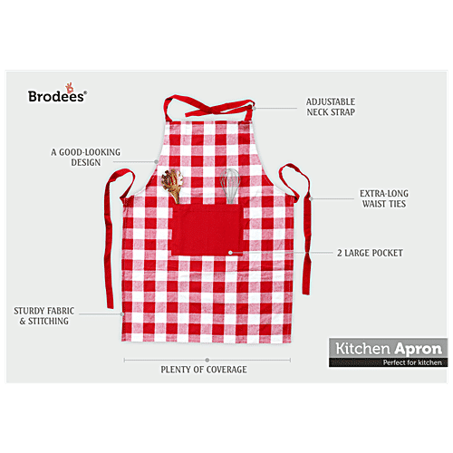 Brodees Cotton Kitchen Apron - With Front Center Pocket, Red, Checked, 60 x 80 Cm, 1 pc