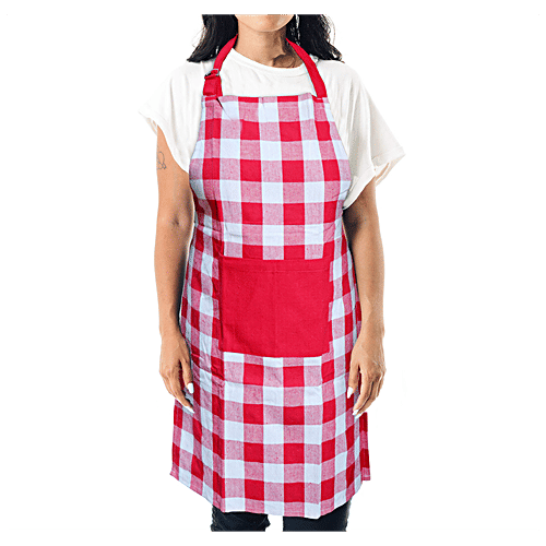 Brodees Cotton Kitchen Apron - With Front Center Pocket, Red, Checked, 60 x 80 Cm, 1 pc