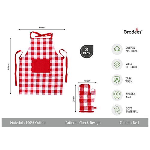 Brodees Cotton Kitchen Apron - With Front Center Pocket, Red, Checked, Oven Glove, 2 pcs