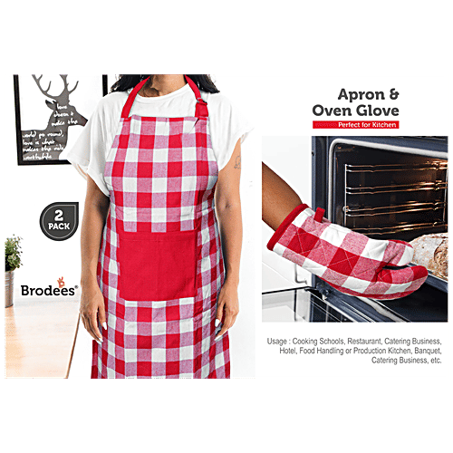 Brodees Cotton Kitchen Apron - With Front Center Pocket, Red, Checked, Oven Glove, 2 pcs