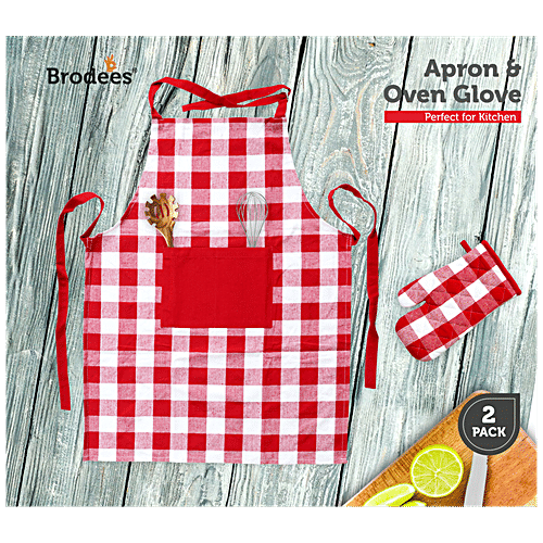 Brodees Cotton Kitchen Apron - With Front Center Pocket, Red, Checked, Oven Glove, 2 pcs
