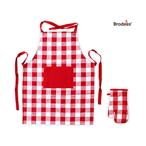 Brodees Cotton Kitchen Apron - With Front Center Pocket, Red, Checked, Oven Glove, 2 pcs