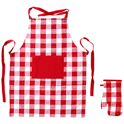 Brodees Cotton Kitchen Apron - With Front Center Pocket, Red, Checked, Oven Glove, 2 pcs