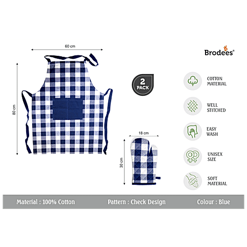 Brodees Cotton Kitchen Apron - With Front Center Pocket, Blue, Checked, Oven Glove, 2 pcs