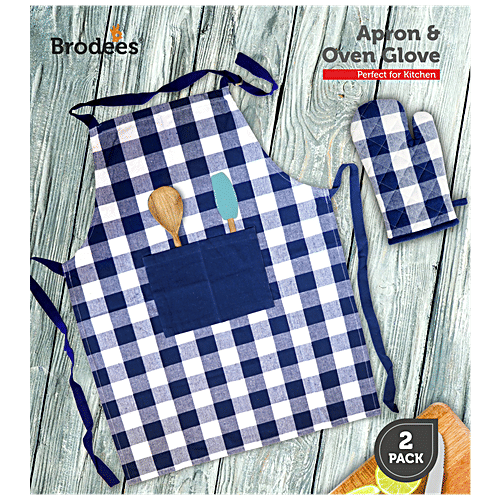 Brodees Cotton Kitchen Apron - With Front Center Pocket, Blue, Checked, Oven Glove, 2 pcs