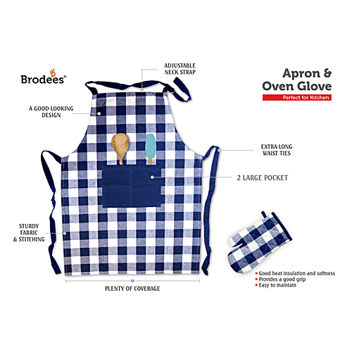 Brodees Cotton Kitchen Apron - With Front Center Pocket, Blue, Checked, Oven Glove, 2 pcs