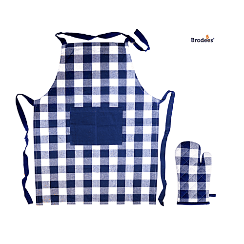Brodees Cotton Kitchen Apron - With Front Center Pocket, Blue, Checked, Oven Glove, 2 pcs