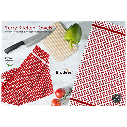 Brodees Cotton Terry Kitchen Towel - Red, Mini Checked, 40 x 60 Cm, Easy Wash, 2 pcs  