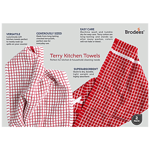 Brodees Cotton Terry Kitchen Towel - Red, Mini Checked, 40 x 60 Cm, Easy Wash, 2 pcs  