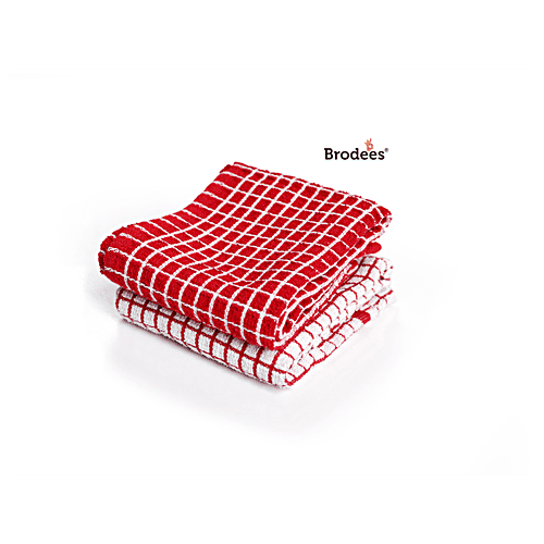 Brodees Cotton Terry Kitchen Towel - Red, Mini Checked, 40 x 60 Cm, Easy Wash, 2 pcs  