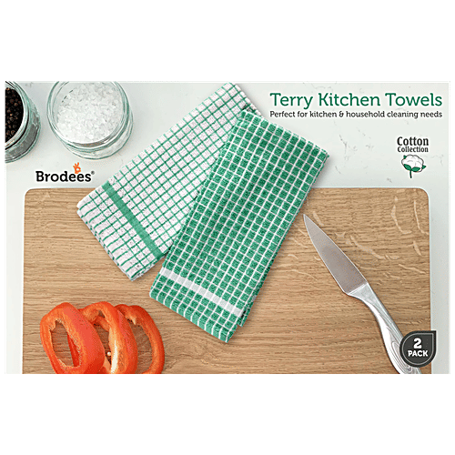Buy Brodees Cotton Terry Kitchen Towel Green, Mini Checked, 40 x 60 Cm, Easy Wash Online at