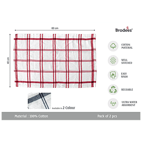 Brodees Cotton Kitchen Towel - Red & Blue, Big Checked, 40 x 60 Cm, Easy Wash, 2 pcs
