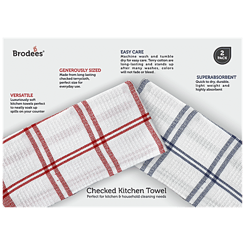 Brodees Cotton Kitchen Towel - Red & Blue, Big Checked, 40 x 60 Cm, Easy Wash, 2 pcs