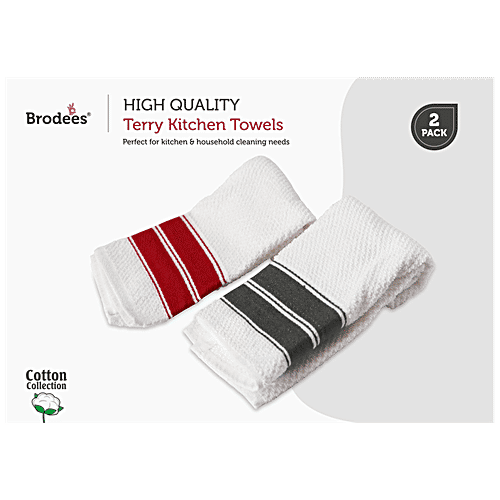 Buy Brodees Cotton Terry Kitchen Towel Red & Grey, Drill Border, 60 Cm, Easy Wash Online at