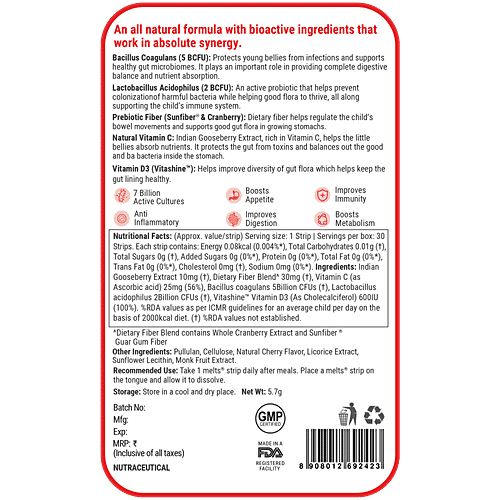 Wellbeing Nutrition Frozen Olaf Melts Into Active Probiotic Oral Thin Strips - Sweet Cherry Flavour, 60 g (30 pcs x 2 g each) Kids Organic Active Probiotic & Prebiotic Vitamin C & D3,