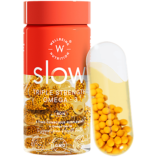 Wellbeing Nutrition Slow Triple Strength Omega 3 Capsules - Fish Oil With Curcumin Extract For Joint, Heart & Brain Health, 60 pcs  