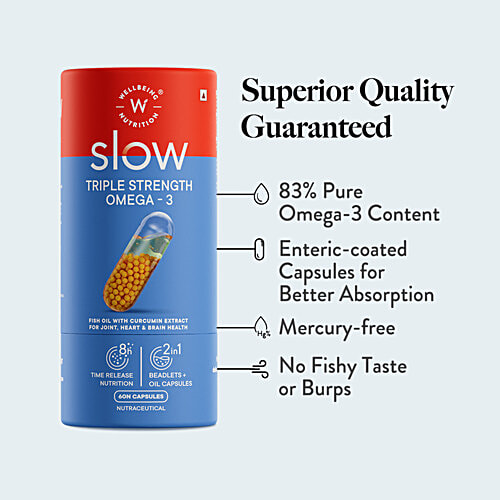 Wellbeing Nutrition Slow Triple Strength Omega 3 Capsules - Fish Oil With Curcumin Extract For Joint, Heart & Brain Health, 60 pcs  