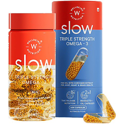 Wellbeing Nutrition Slow Triple Strength Omega 3 Capsules - Fish Oil With Curcumin Extract For Joint, Heart & Brain Health, 60 pcs  