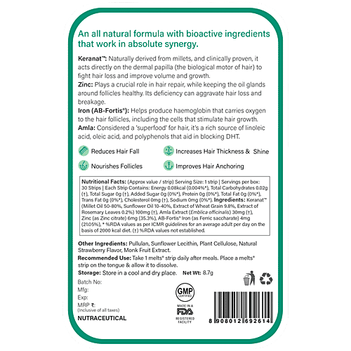 Wellbeing Nutrition Melts Into Hair Fall Control Oral Thin Strips - Keranat & Zinc, Tropical Strawberry, 60 g (30 pcs x 2 g each) Plant-Based Improve Volume