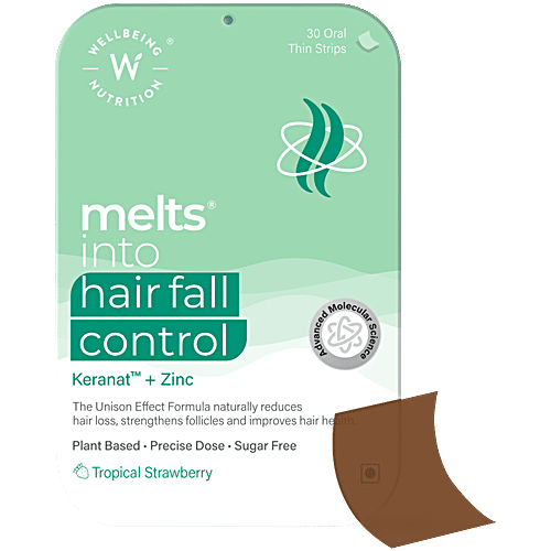 Wellbeing Nutrition Melts Into Hair Fall Control Oral Thin Strips - Keranat & Zinc, Tropical Strawberry, 60 g (30 pcs x 2 g each) Plant-Based Improve Volume