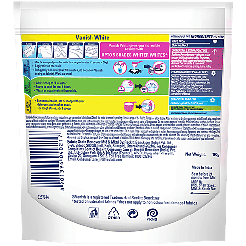 Vanish Oxi Action Crystal White Fabric Whitener, 100 g Chlorine Bleach Free Powder Detergent Add On