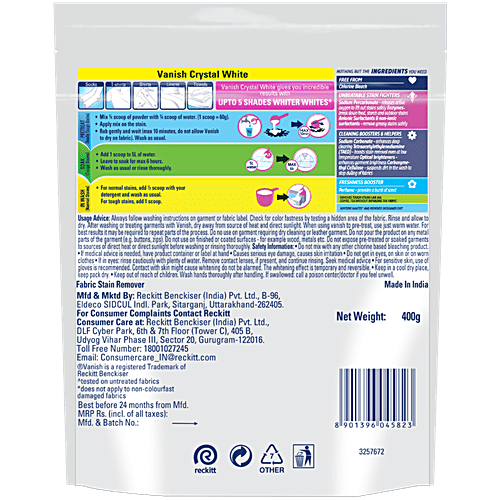 Vanish Oxi Action Crystal White Fabric Whitener, 400 g  Chlorine Bleach Free Powder Detergent Add On
